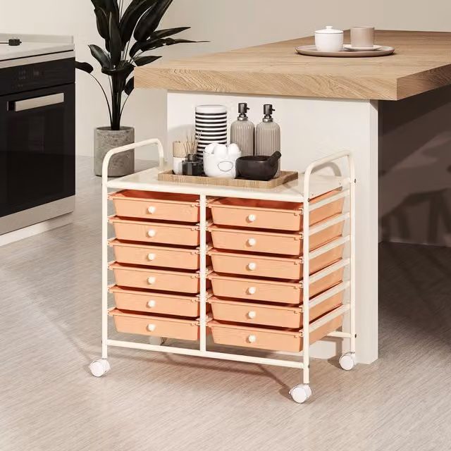 COSTWAY Utility Storage Cart with 12 Drawers and Castors, Pink
