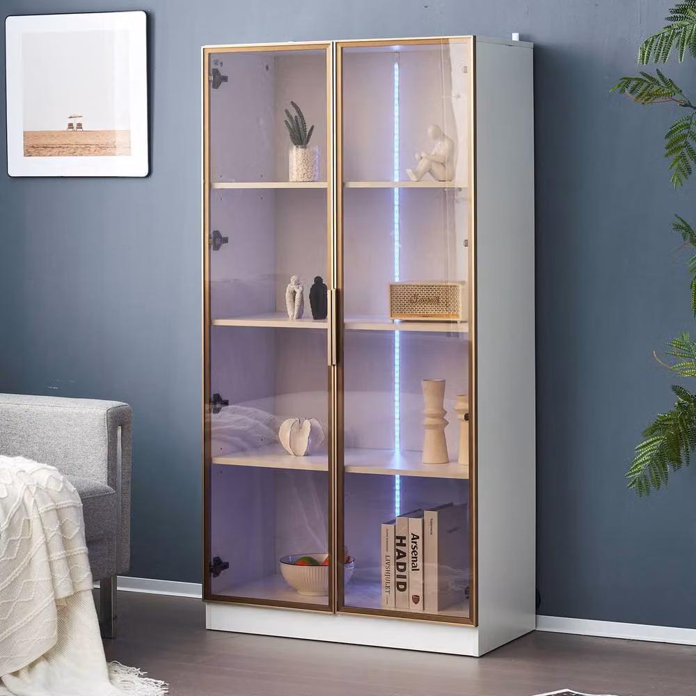 ModernLuxe White Glossy LED Display Cabinet with Tempered Glass Doors and Internal Shelves, H: 160 cm, W: 80 cm, D: 40 cm – 5