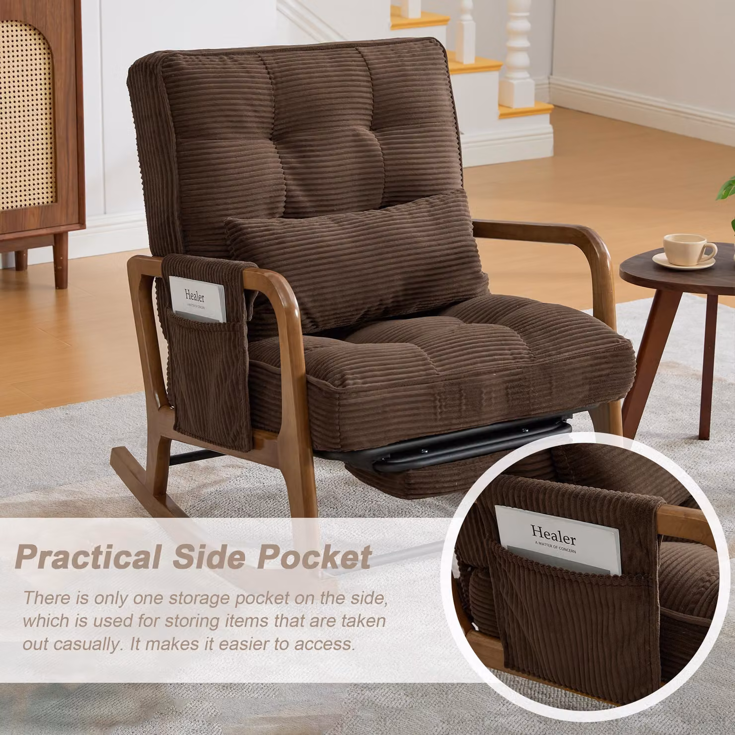 Aosom UK Corduroy Rocking Chair with Adjustable Footrest and Side Pocket in Brown, L 92 x W 80 x H 70 cm – 3