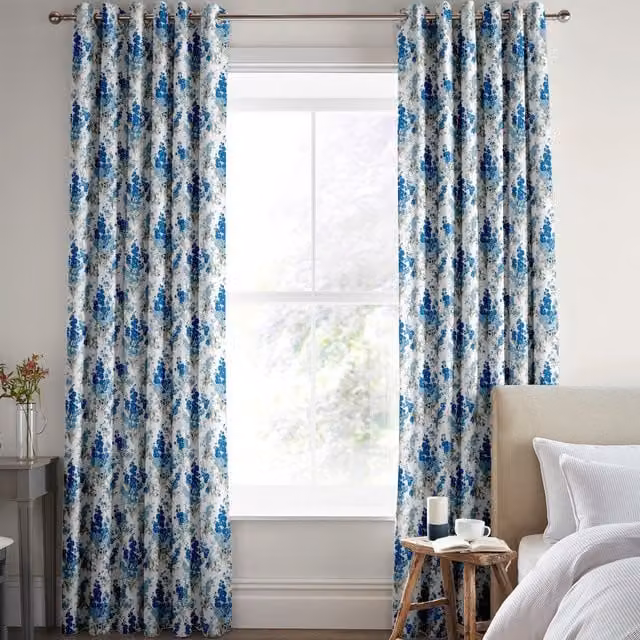 Laura Ashley Made to Measure Blue Sky Floral Blackout Eyelet Curtains in Cotton