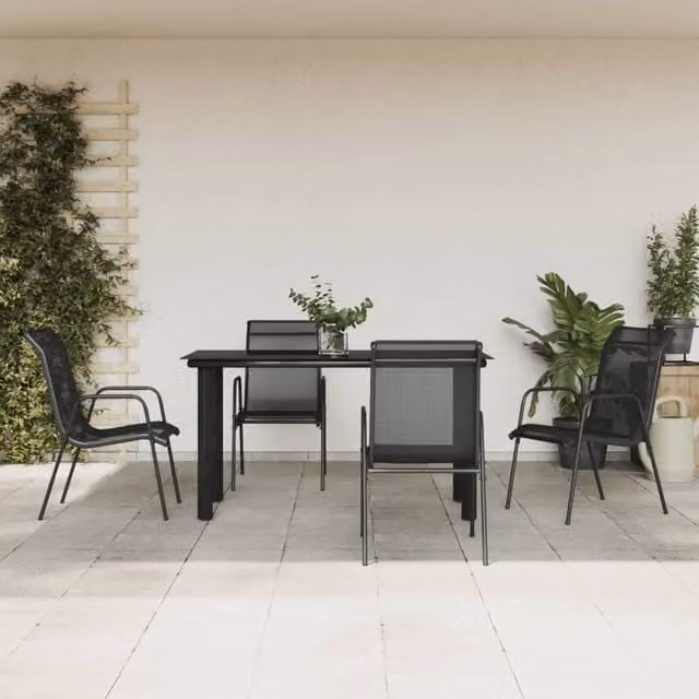 Berkfield Home 5 Piece Garden Dining Set in Black Matt Powder Coated Steel and Textilene with Glass Tabletop