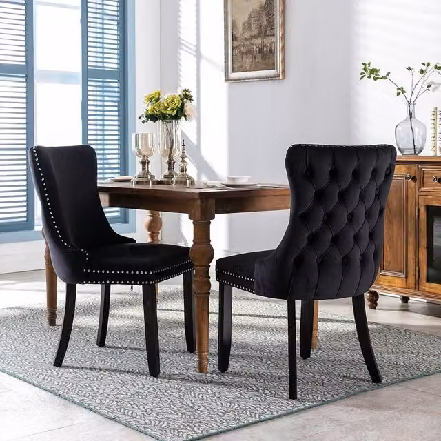Modern Home Touch Sierra Set of 2 Black Velvet Wing Back Dining Chairs with Oak Wood Legs – 1