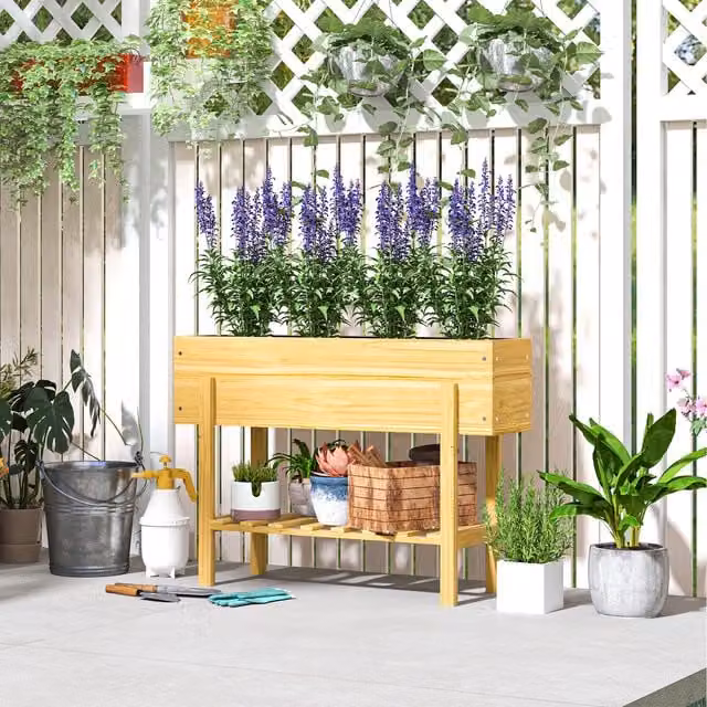 Outsunny Wooden Raised Planter with Bed Liner and Storage Shelf in Natural Brown