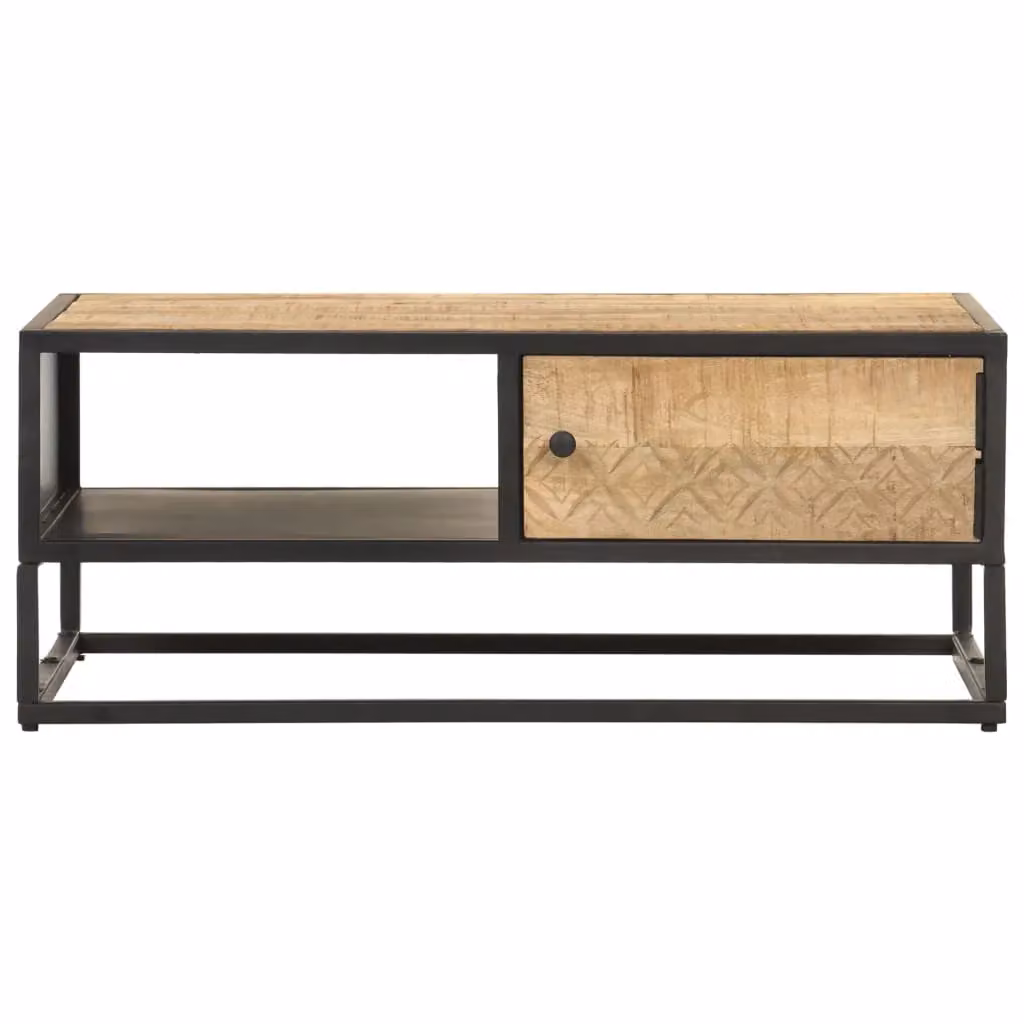Berkfield Home Coffee Table with Carved Door in Brown Rough Mango Wood, W/D/H: 90 x 55 x 36 cm – 2