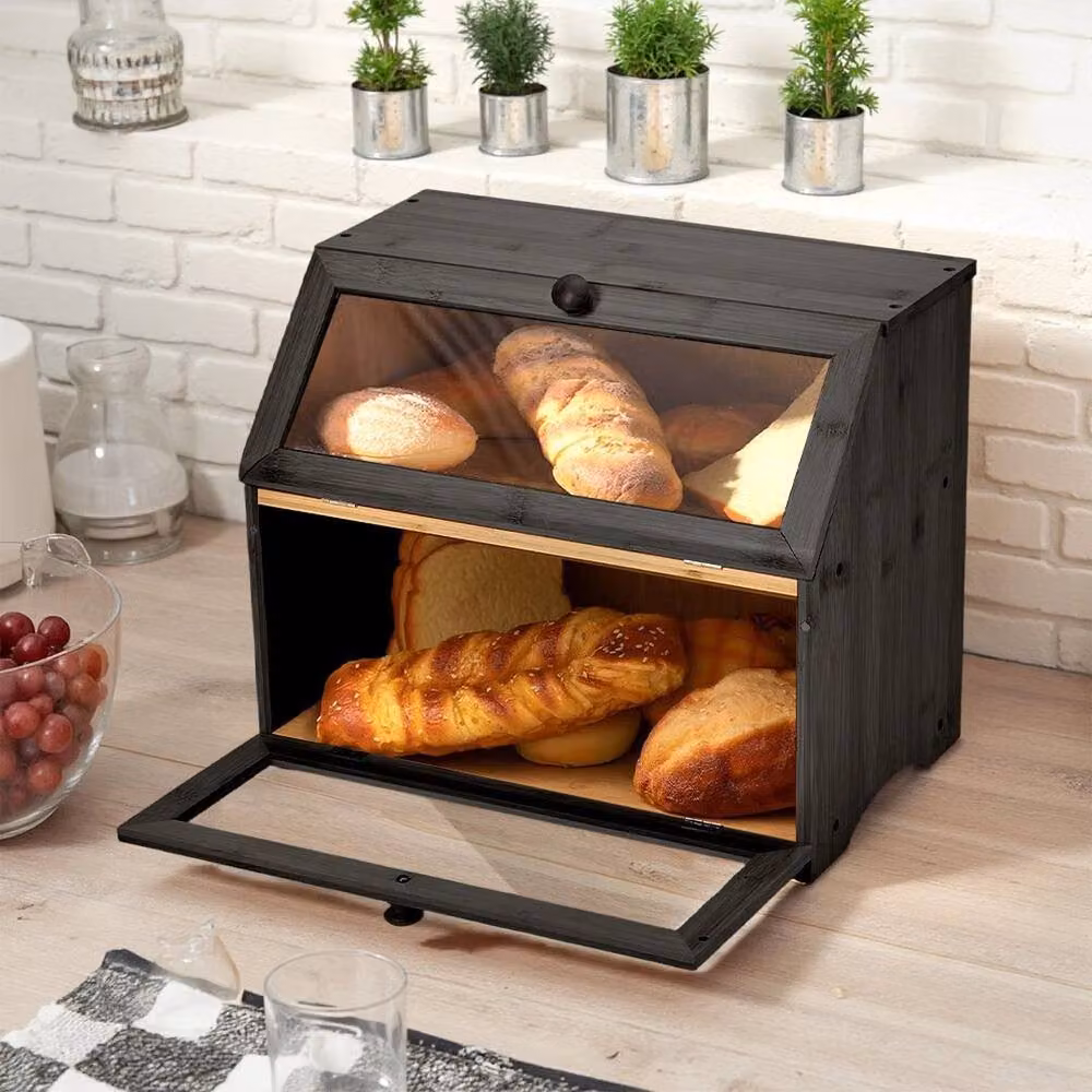 EONLION Black and Transparent Tabletop Bread Bin with Bamboo Lid, Width: 100 cm – 4