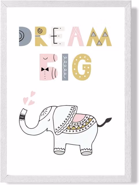 ARTZE Dream Big Elephant Scandi Quote Framed Print, Pink and White, A3