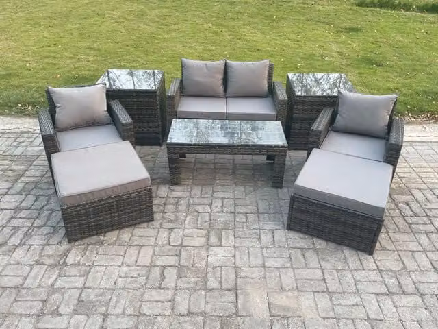 Fimous Modern U-Shape Outdoor Lounge Sofa Set in Dark Grey Polyrattan with Armchairs, Rectangular Coffee Table and Upholstered Cushions