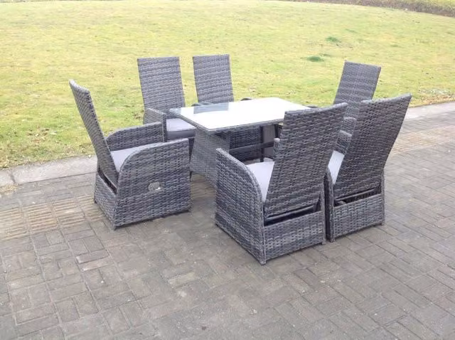 Fimous Rattan Garden Dining Set with Oblong Table and 6 Adjustable Reclining Chairs in Dark Grey