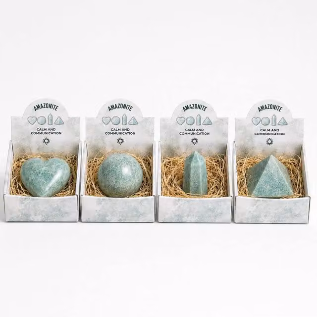 KDMD Turquoise Amazonite Gemstone Set featuring Heart, Sphere, Obelisk and Pyramid Shapes