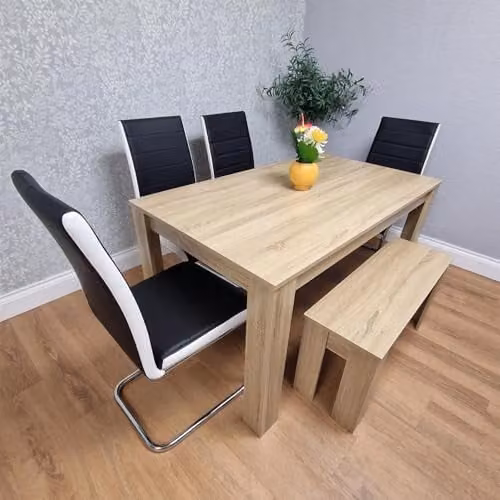 Kosy Koala Oak Effect Dining Set with Rectangular Table, Bench and 4 Black and White Striped Faux Leather Chairs – 1