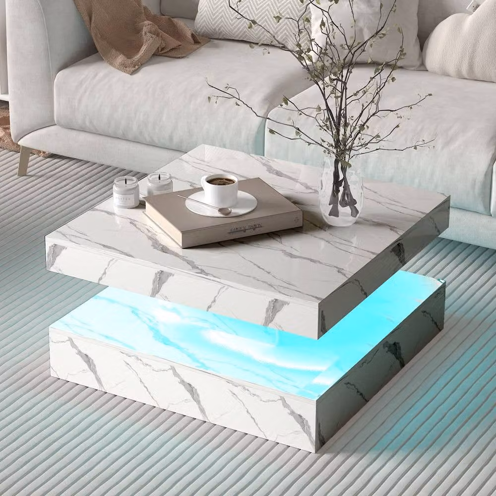 KEEPREAPER Modern Square Coffee Table with LED Light and 2-Tier Storage, White Marble Finish – 2