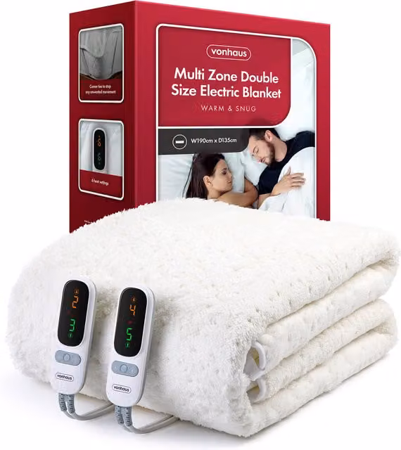 Vonhaus Electric Blanket with Multi Heating Zones, White, W x D: 140 x 200 cm