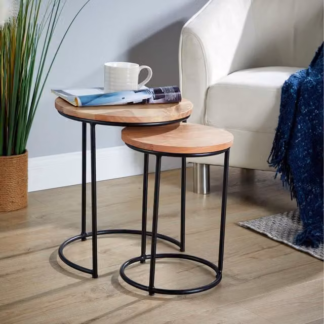 Home Source Elkart Acacia Wood Nest of 2 Round Tables in Natural Brown