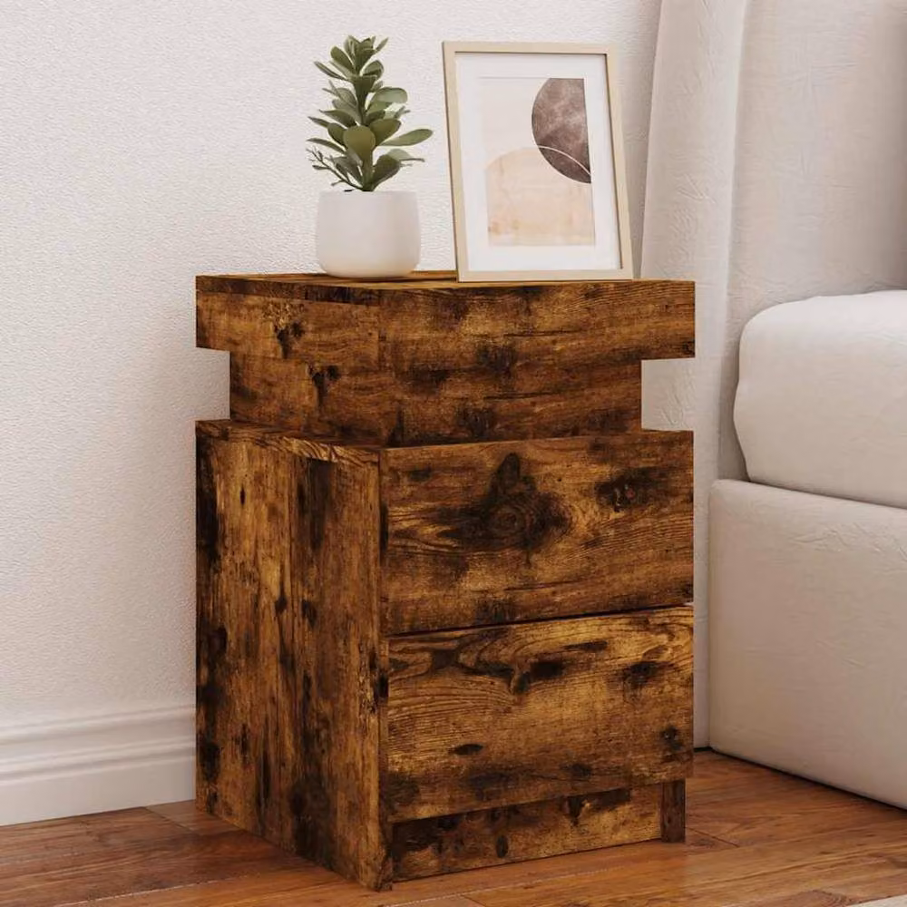 Berkfield Home Beautiful Bedside Cabinets with Integrated LED Lights, Set of 2, Smoked Oak, Brown, W/D/H: 88.9 x 99.1 x 55 cm – 2