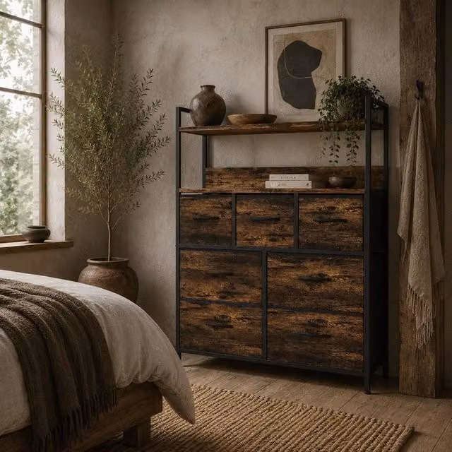 Wyld Haus Haco 7 Drawer Rustic Brown Fabric Chest with Black Steel Frame W/D/H: 79 x 29 x 101 cm
