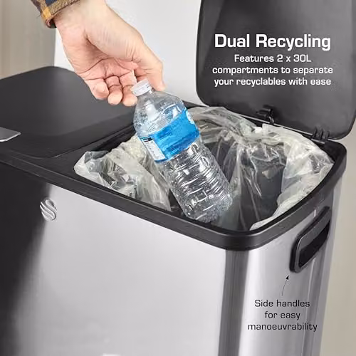 Swan 60L Stainless Steel Recycling Pedal Bin in Silver with Soft Close and Fingerprint Proof Finish, H: 66.0 cm, W: 36.2 cm, D: 55.0 cm – 3