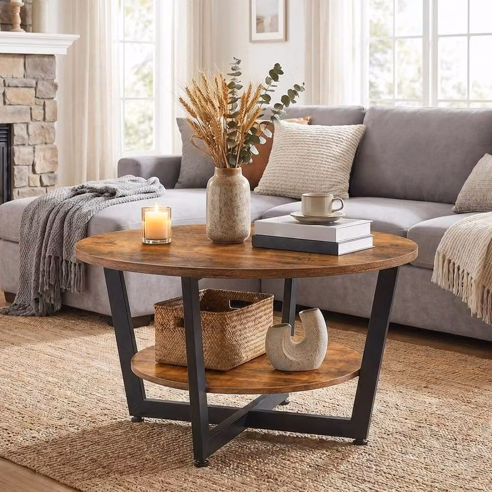 FLAVORA Round Industrial Coffee Side Table in Brown with X-Frame and Wood Serving Tiers – 5