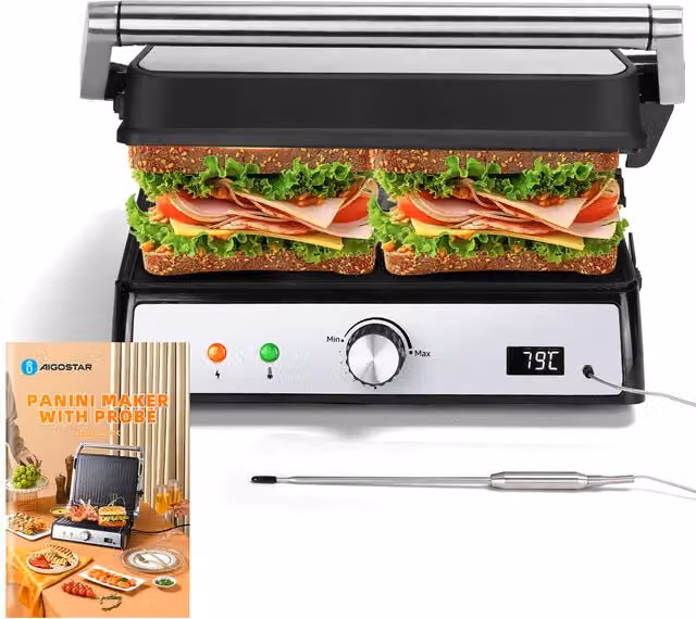 Aigostar Silver Stainless Steel Sandwich Toaster Panini Press with Dishwasher Safe Parts