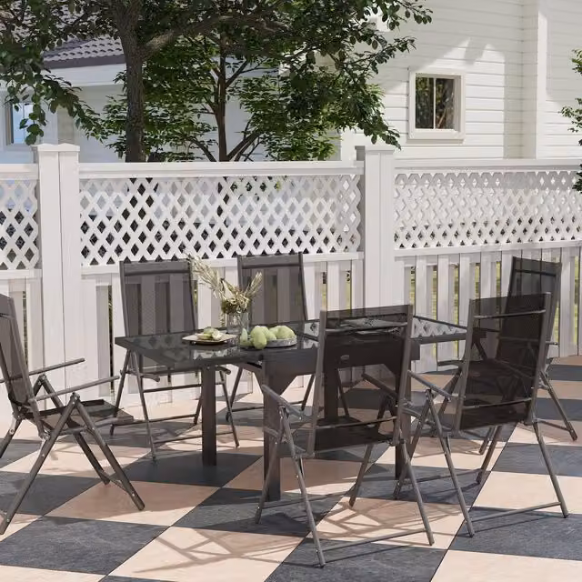 Outsunny 7 Piece Modern Outdoor Dining Set with Glass Top Rectangular Table and Chairs in Black