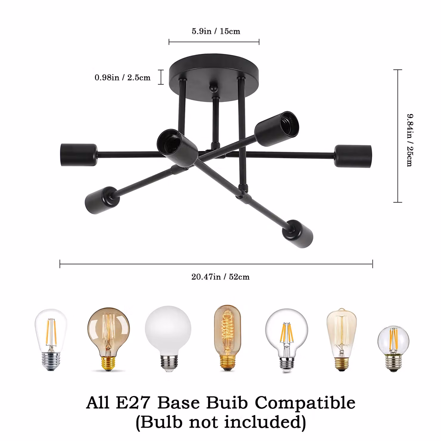 Pheashine 6-Light Modern Sputnik Ceiling Light in Black, Width: 52 cm, E27 Socket – 2