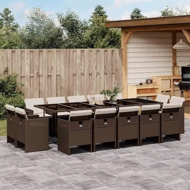 Berkfield Home 15 Piece Brown Poly Rattan Garden Dining Set with Cushions and Glass Table – 1