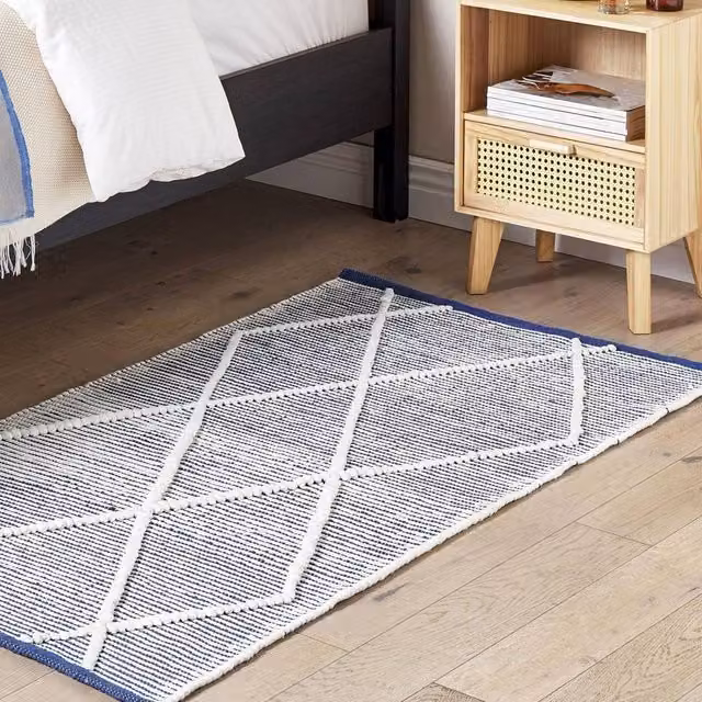 Wyld and Coco Hand-Tufted Geometric Cotton Area Rug in White and Blue, W: 80 cm, L: 150 cm