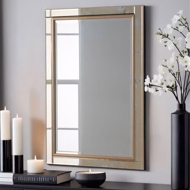 Yearn Antique Mottled Gold Rectangular Bevelled Metal and Glass Wall Mirror