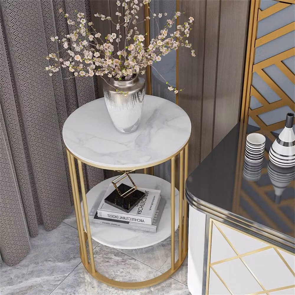 FLAVORA Gold and White Round Ceramic Coffee Table with Abstract Stone Design – 4