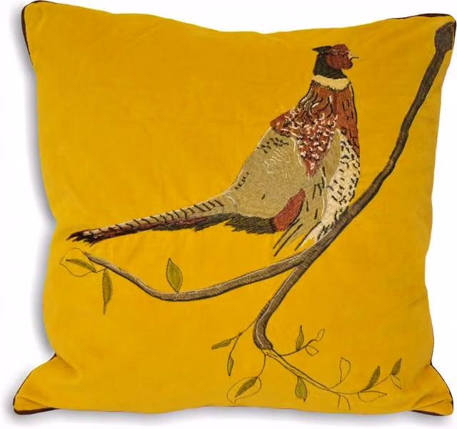 Make it a Home Hunter Velvet Pheasant Square Cushion in Yellow, Red, Beige and Black with Feather Filling