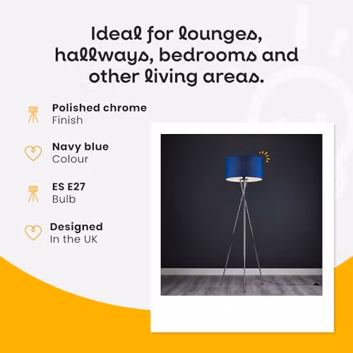 ValueLights Camden Modern Polished Chrome Metal Tripod Floor Lamp with Blue Fabric Cylinder Shade – 4