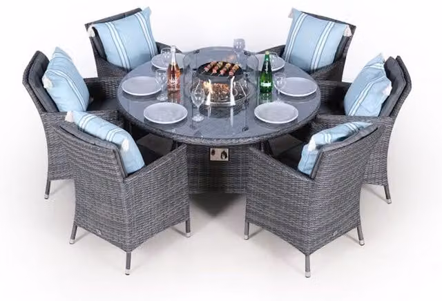 Giardino Savannah Fire Pit Round Rattan Patio Dining Set in Grey for 6 People