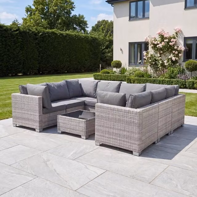 Saviano 8 Seat Modular U-Shaped Rattan Corner Set in Grey