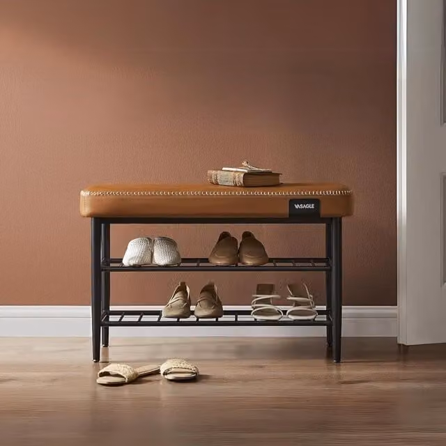 VASAGLE Mid-Century Synthetic Leather Shoe Storage Bench in Brown – 1