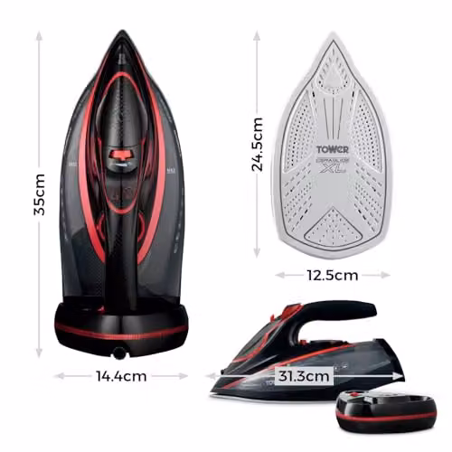 Tower Cordless Steam Iron with Ceramic Non-Stick Soleplate, Anti-Calc System and Auto Shut-Off, Red and Black – 6