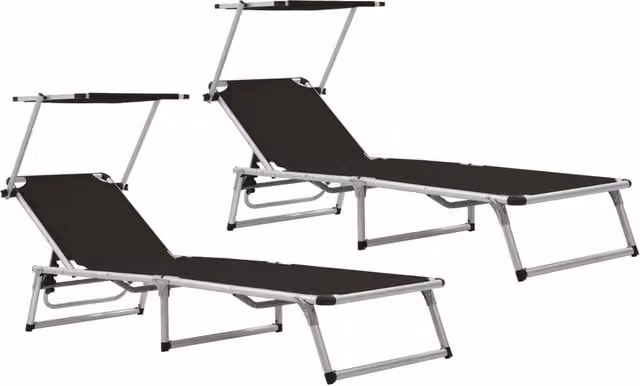 Berkfield Home Set of 2 Folding Sun Loungers with Sun Canopy and Adjustable Headrest in Black Powder Coated Aluminium and Textilene