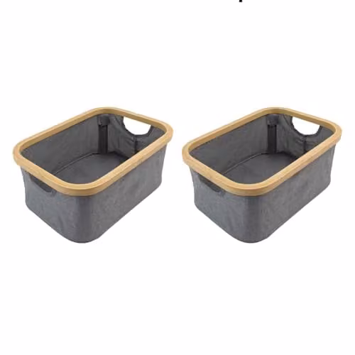 JVL Bambanio Set of 2 Foldable Bamboo Storage Baskets with Handles, Grey, 26L