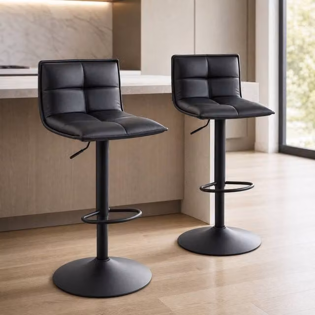 STILVORA Set of 2 Modern Black Synthetic Leather Bar Stools with 360 Degree Swivel and Metal Frame