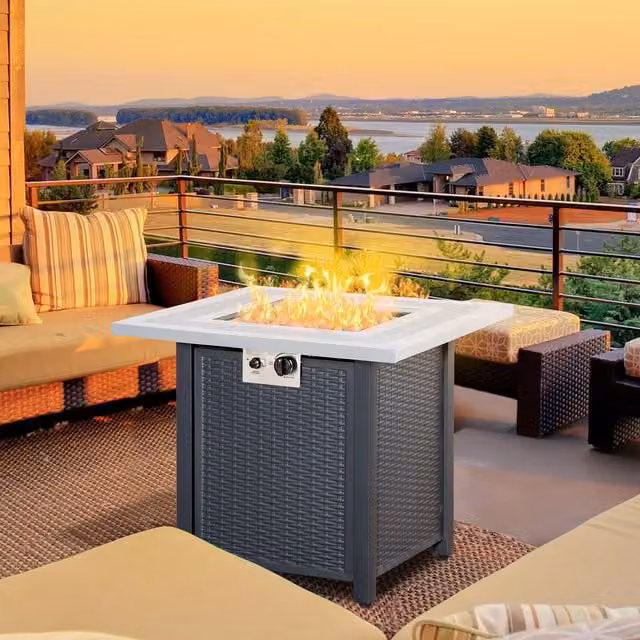 OUTSUNNY Black Rattan Outdoor Propane Gas Fire Pit Table with Lid and Lava Rocks, W/D/H: 71 x 62 x 71 cm – 1