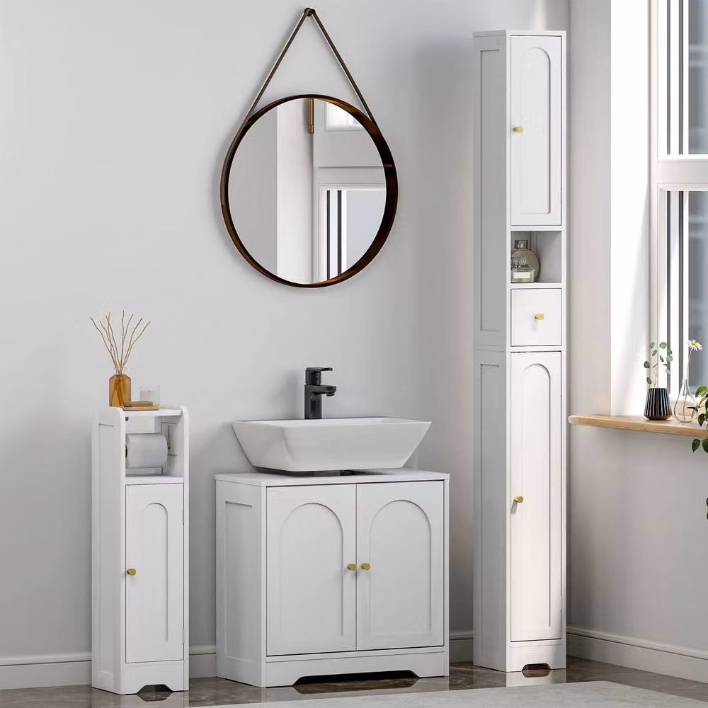 HOMCOM 3-Piece Modern White Bathroom Furniture Set with Tall Cabinet and Vanity Unit – 2