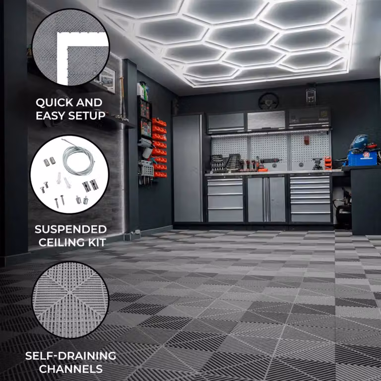 Monstershop Hexagon LED Lights x 2 and Grey Vented Garage Floor Tiles x 225 with Edges