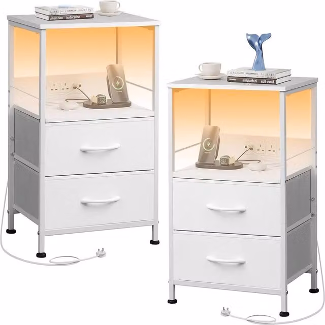 Aosom Set of 2 Modern White Bedside Tables with Integrated LED Lighting