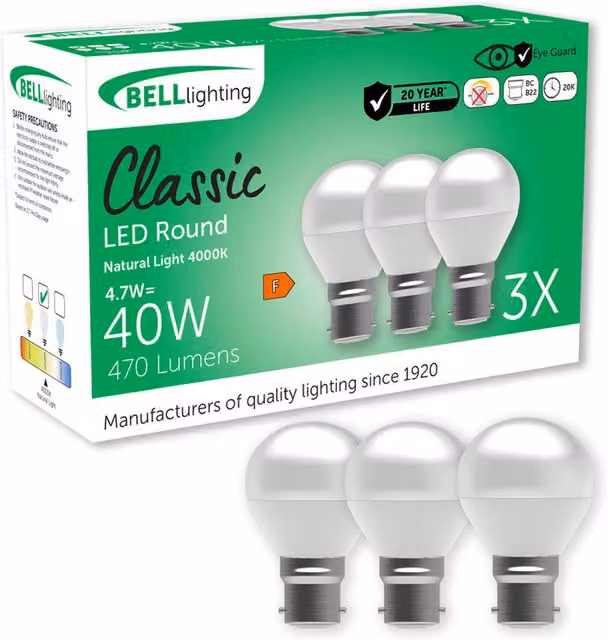 BELL Lighting B22 Bayonet Non Dimmable LED Golf Ball Light Bulb, 4.7 W, Cool White 4000K