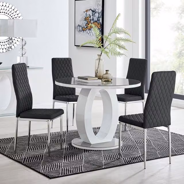 FurnitureboxUK Giovani Round Dining Table Set with 4 Black Faux Leather Milan Chairs, Grey Tinted Glass Top and White High Gloss Halo Base, Diameter: 100 cm – 1