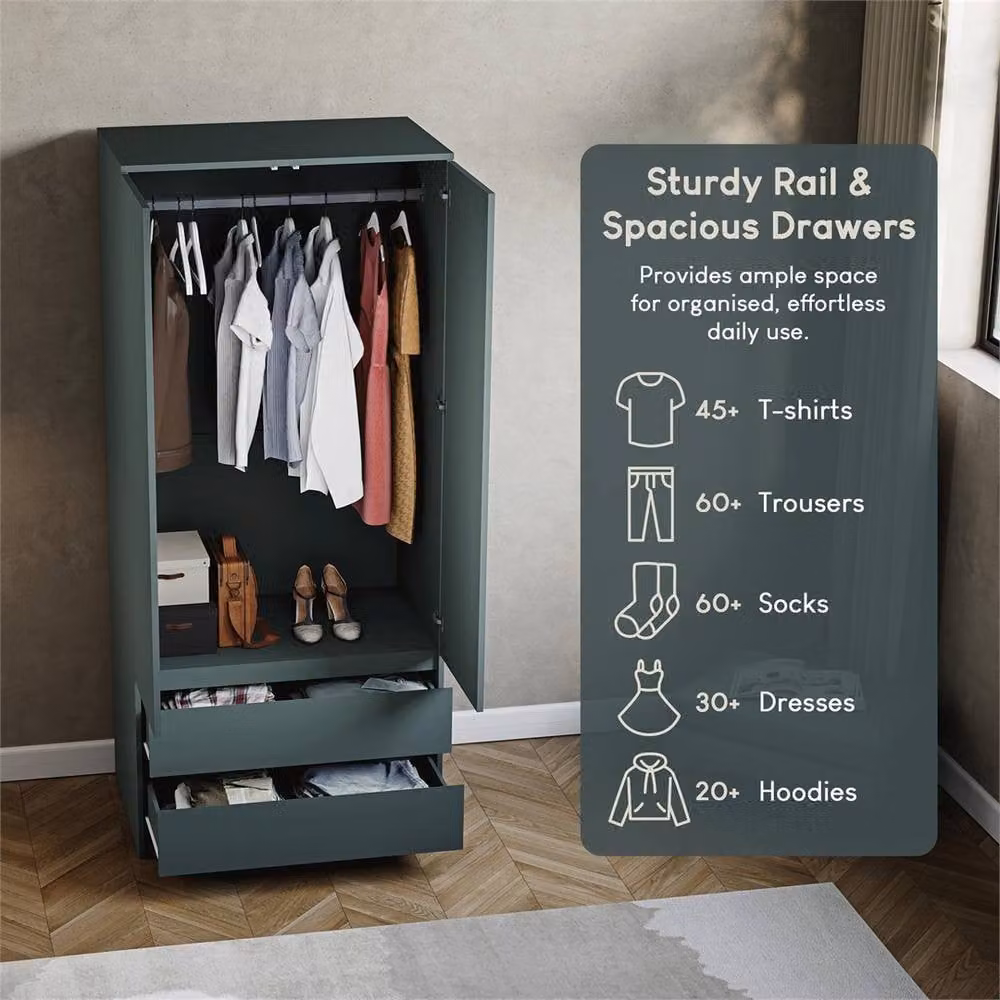 FORGEVIO Modern 2 Door 2 Drawer Wardrobe in Green with Integrated Drawers and Hanging Rod – 4