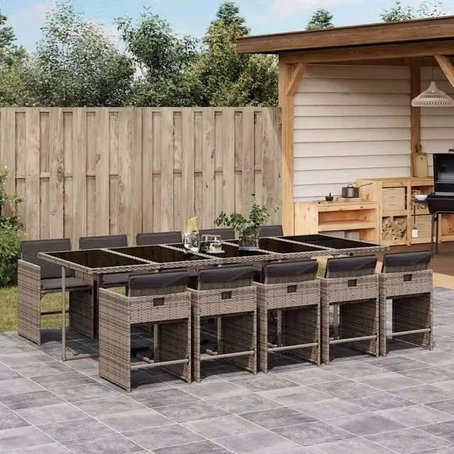 Berkfield Home Grey PE Rattan 10-Seater Collapsible Garden Dining Set with Glass Top