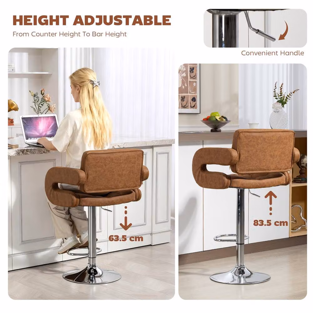 ERGOVEXA Luxe PU Leather Swivel Bar Stool with Armrests in Brown – 3