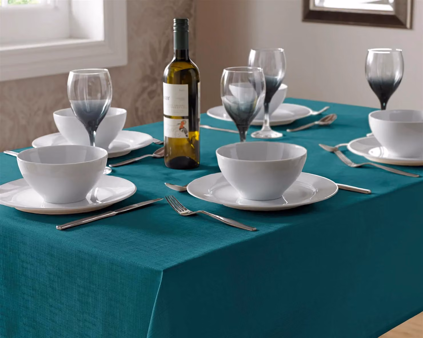 Luxury Living Easy-Care Stain-Repellent Linen-Look Square Tablecloth in Petrol, W/D/H: 135 x 135 x 1 cm – 4