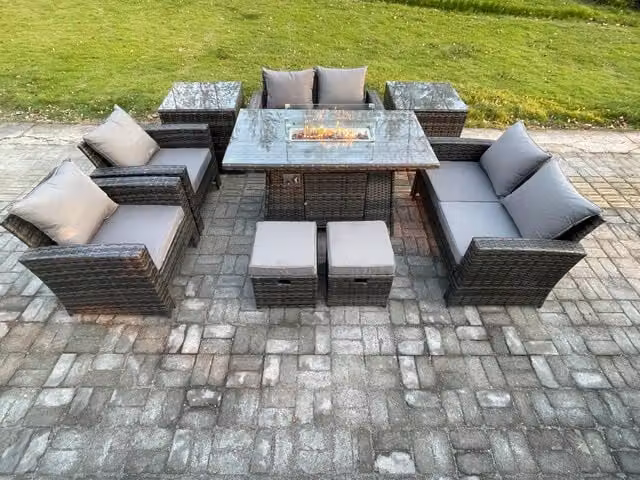 Fimous 9 Piece Wicker Rattan Garden Furniture Set with Gas Firepit Dining Table, Sofa and 2 Footstools in Dark Grey