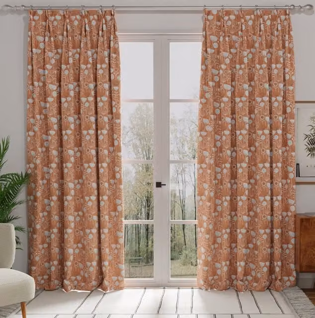 Terrys Orange Floral Blackout Cotton Fabric Panel Curtain with Pencil Pleat Tape