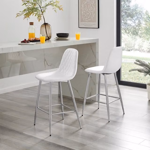 FurnitureboxUK Corona Set of 2 White Faux Leather Counter Stools with Silver Metal Legs